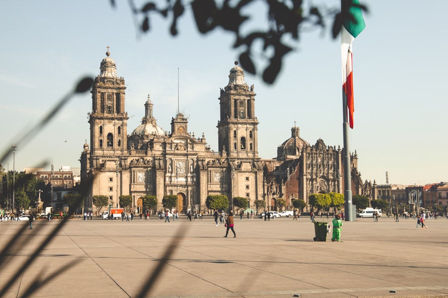 The cathedral and flag at the Zócalo, Mexico City