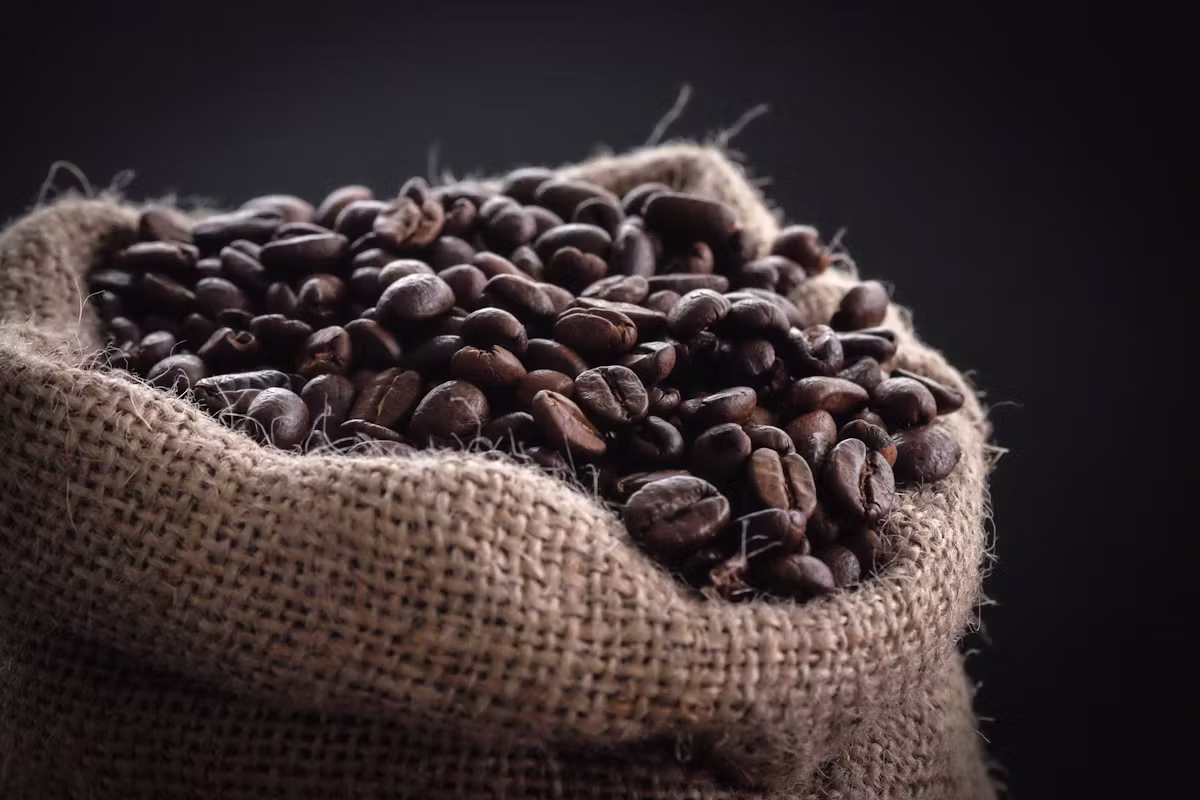 Burlap sack full of roasted coffee beans